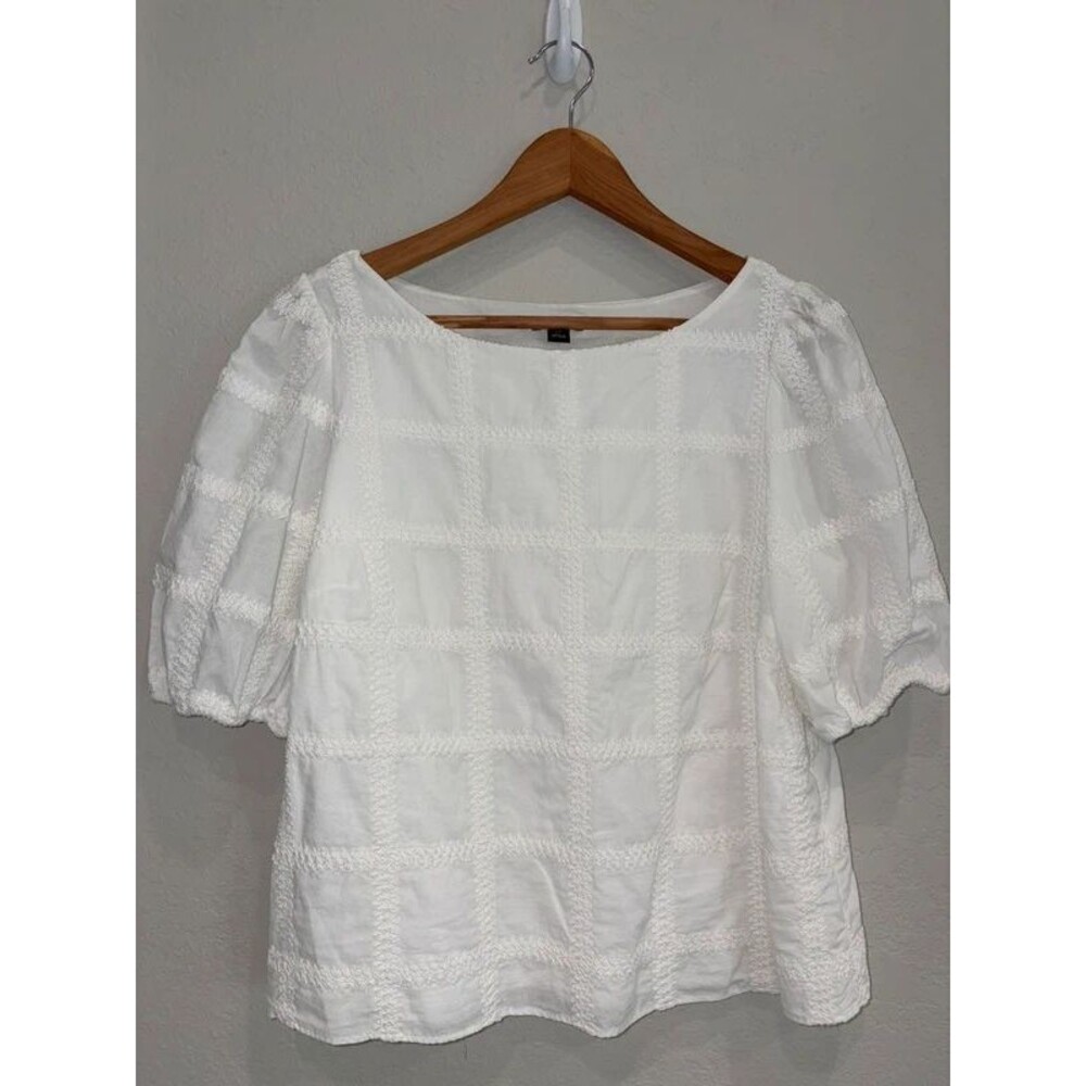 Ann Taylor Crochet Windowpane Popover Top White Size Large Petite LP